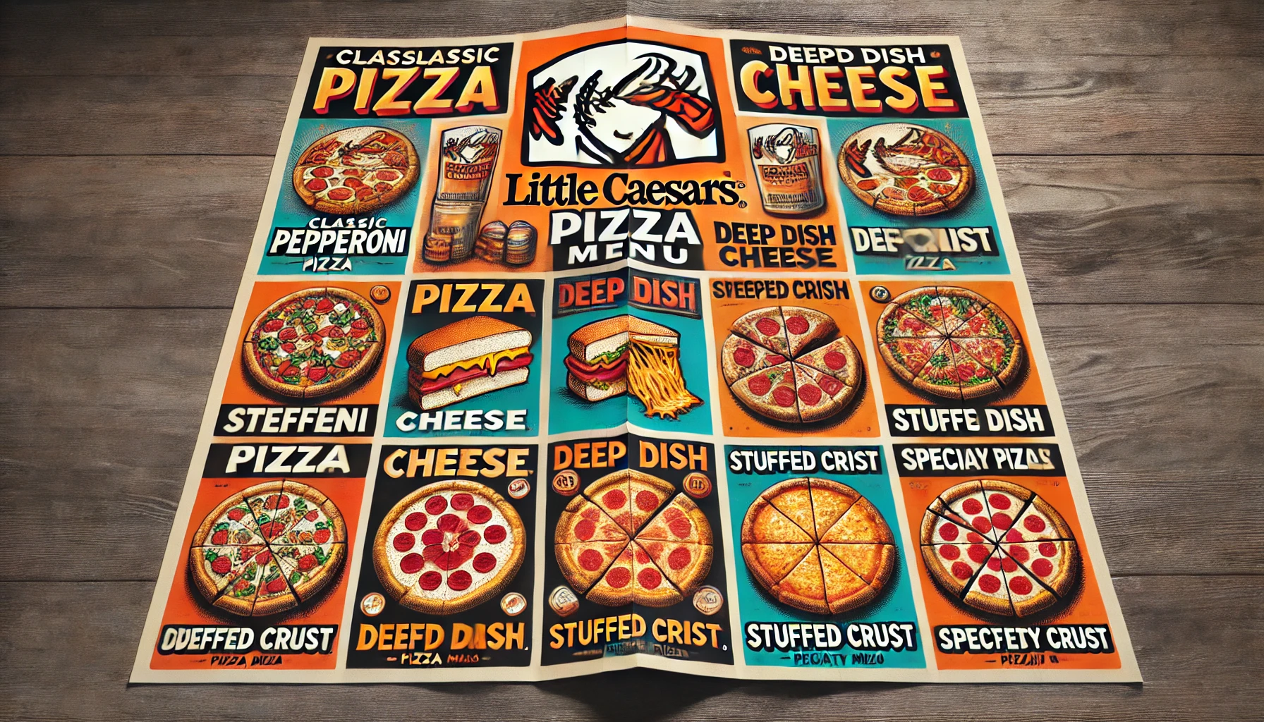 DALL·E 2025 02 17 14.41.28 A visually appealing Little Caesars pizza menu showcasing a variety of pizza options including classic pepperoni cheese deep dish stuffed crust a