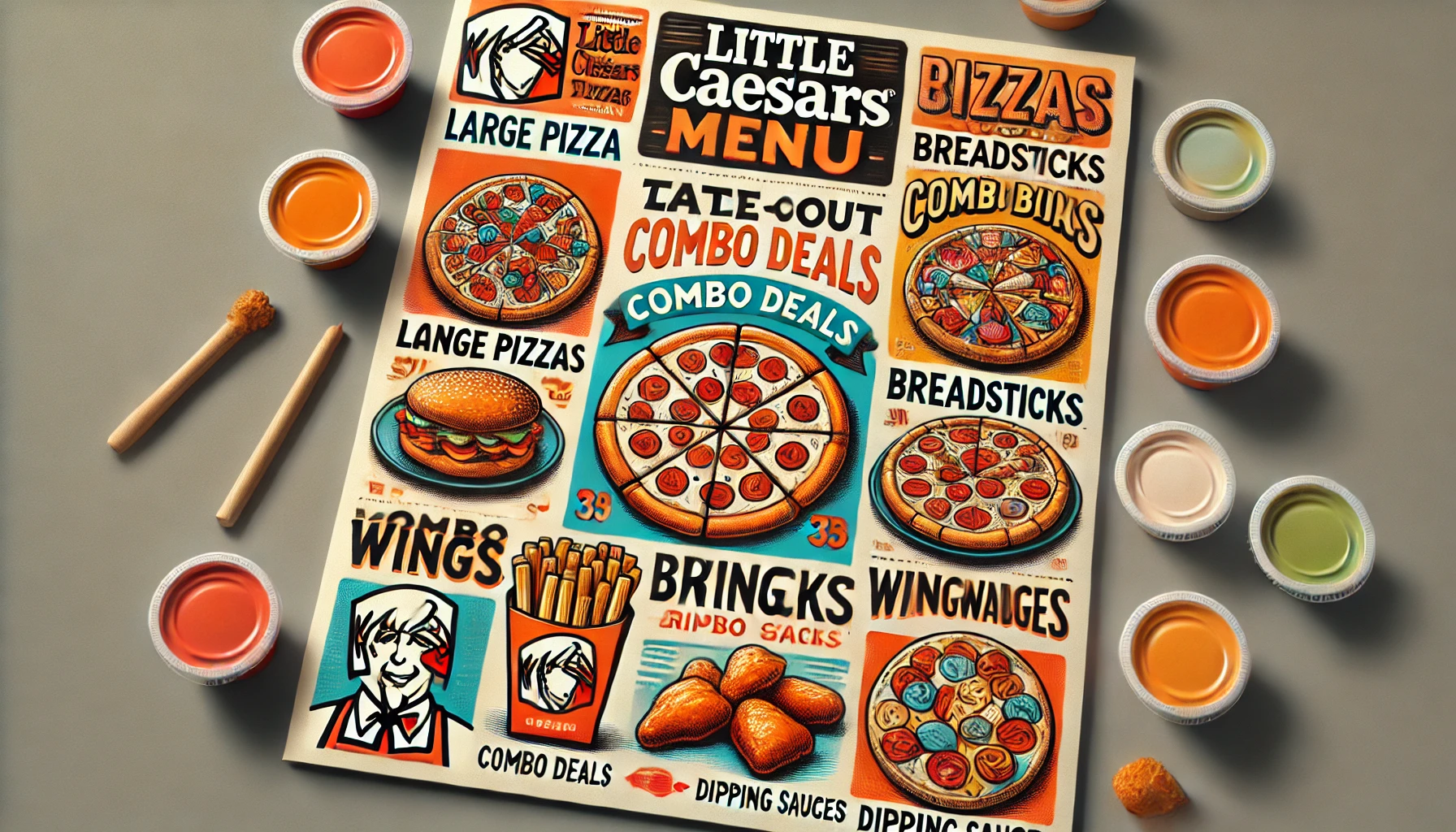 DALL·E 2025 02 17 15.36.11 A visually appealing takeout Little Caesars menu featuring popular to go meal options such as large pizzas combo deals breadsticks wings and dippi