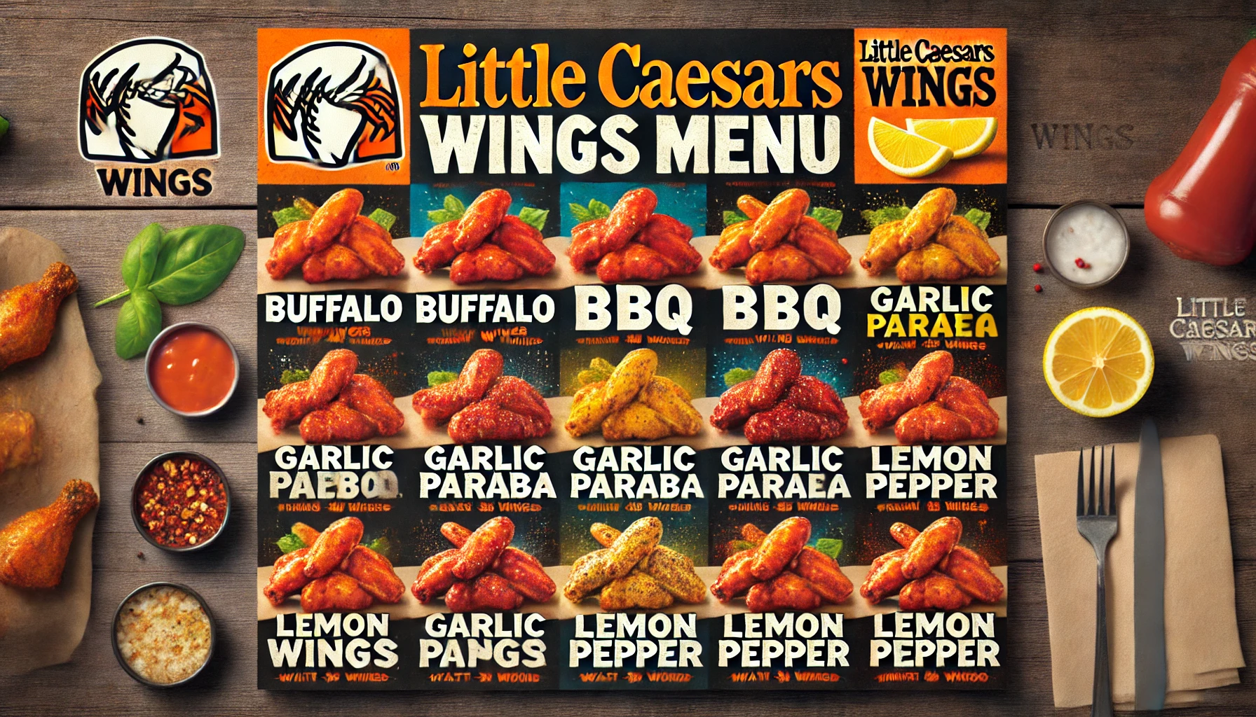 DALL·E 2025 02 17 15.38.44 A visually appealing Little Caesars wings menu showcasing a variety of chicken wing flavors including buffalo BBQ garlic parmesan and lemon pepper