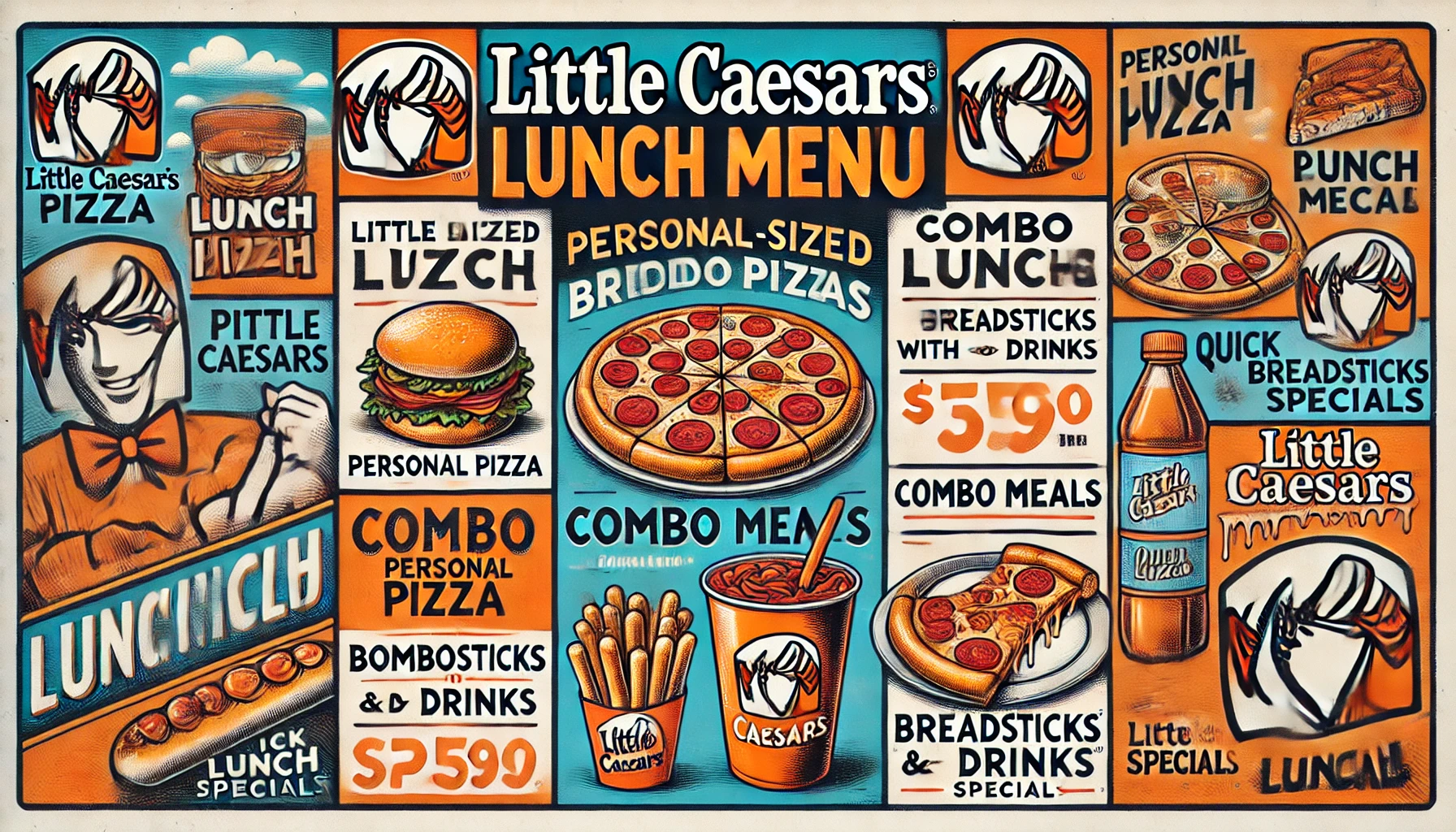 DALL·E 2025 02 17 15.41.19 A visually appealing Little Caesars lunch menu featuring popular midday meal options such as personal sized pizzas combo meals with breadsticks and d