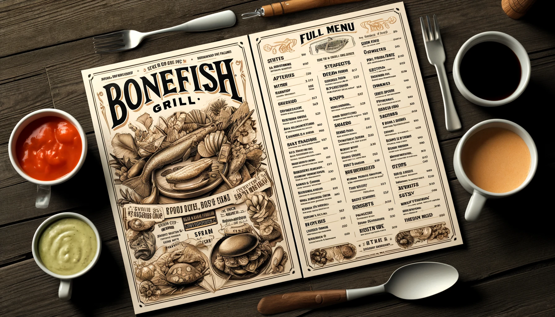 DALL·E 2025 02 17 16.24.56 A detailed Bonefish Grill full menu with prices showcasing a variety of seafood dishes steaks appetizers soups salads desserts and drinks. The