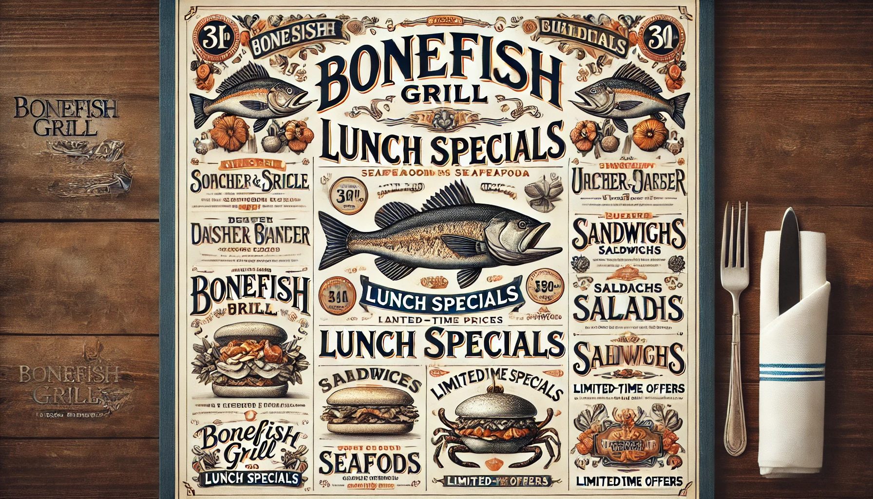 DALL·E 2025 02 18 11.43.55 A detailed Bonefish Grill menu featuring lunch specials with prices showcasing a variety of seafood dishes sandwiches salads and limited time offe