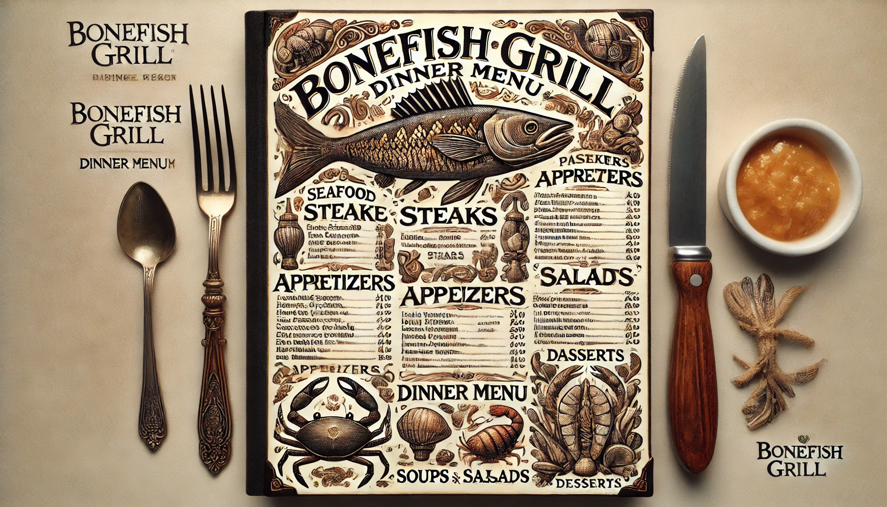 DALL·E 2025 02 18 11.53.39 A detailed Bonefish Grill dinner menu with prices showcasing a variety of seafood dishes steaks pasta appetizers soups salads and desserts. The