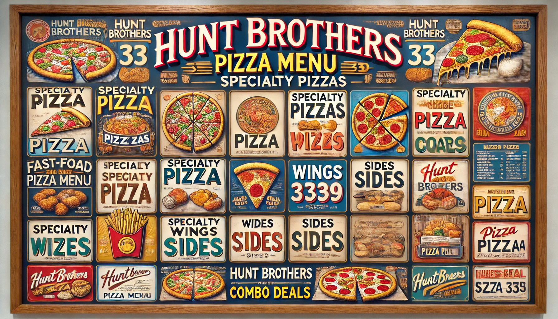 DALL·E 2025 02 18 12.59.43 A detailed Hunt Brothers Pizza menu display featuring a variety of pizza options specialty pizzas wings sides and combo deals. The menu is colorfu