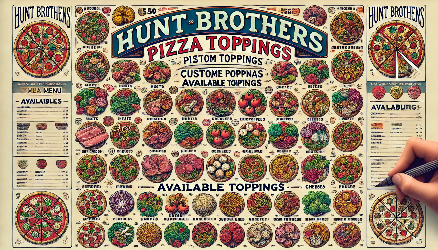 DALL·E 2025 02 18 14.27.55 A detailed Hunt Brothers Pizza toppings menu showcasing a variety of available toppings including meats vegetables and cheeses for custom pizzas. T