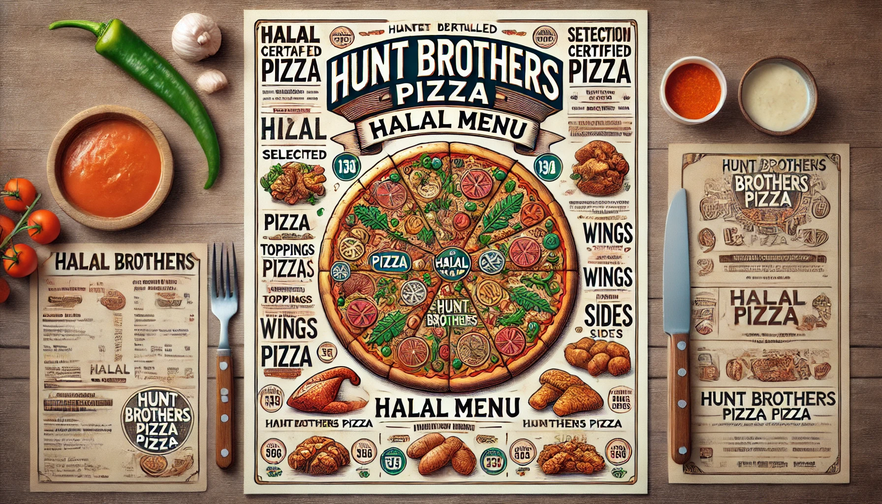 DALL·E 2025 02 18 14.53.10 A detailed Hunt Brothers Pizza halal menu featuring a selection of halal certified pizzas toppings wings and sides. The menu is clear well organiz