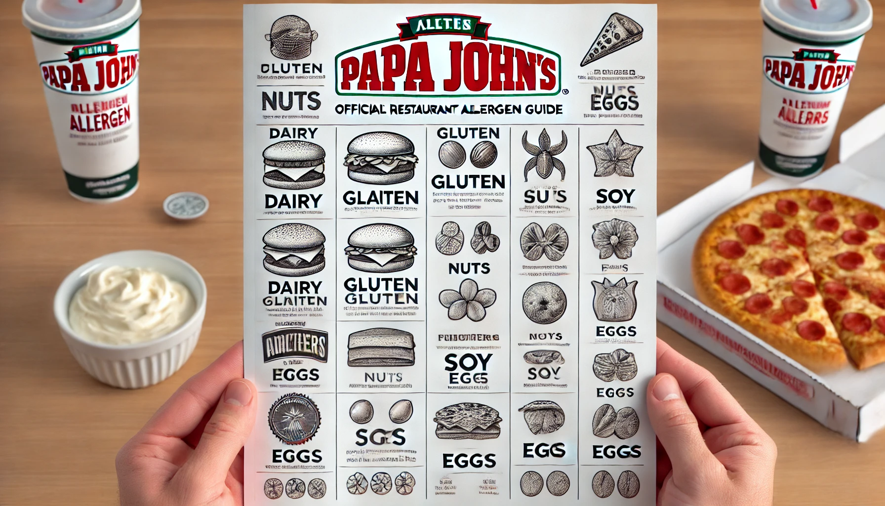 DALL·E 2025 02 19 13.45.52 A detailed Papa Johns allergen menu displaying food items categorized by common allergens such as dairy gluten nuts soy and eggs. The menu is cle