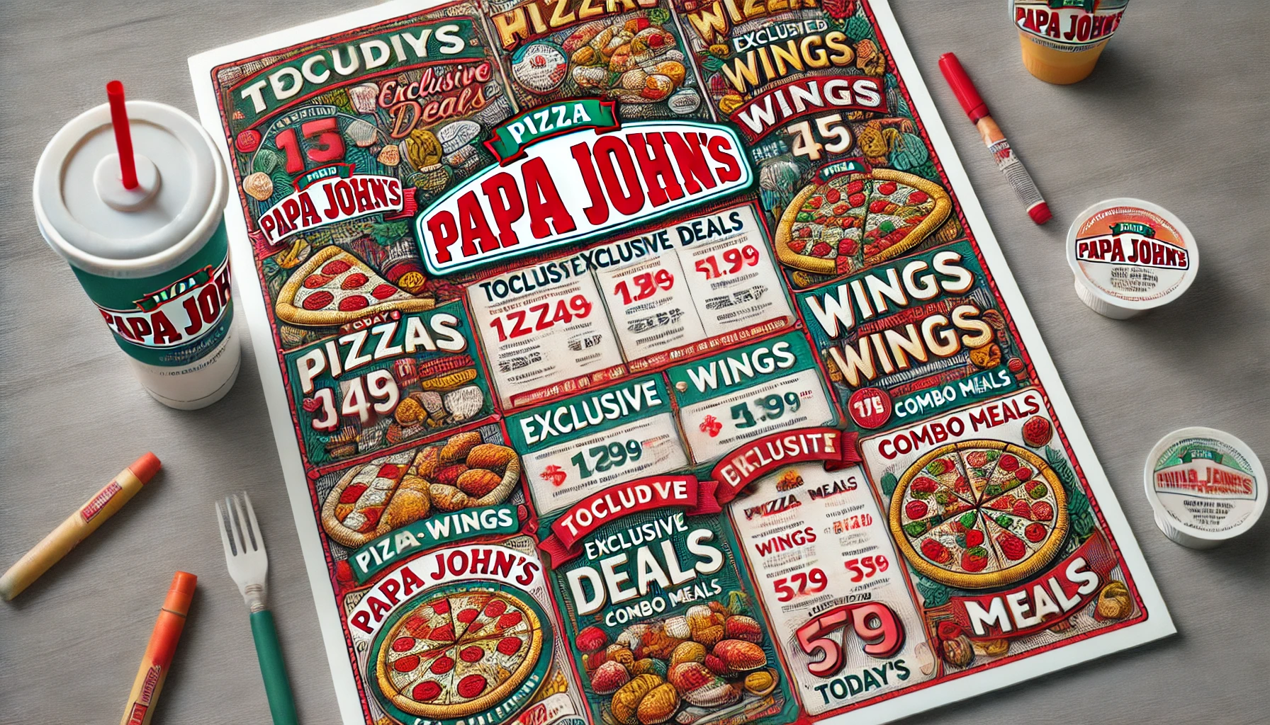 DALL·E 2025 02 19 14.46.25 A detailed Papa Johns menu displaying todays exclusive deals and discounts on pizzas wings and combo meals. The menu is colorful well organized