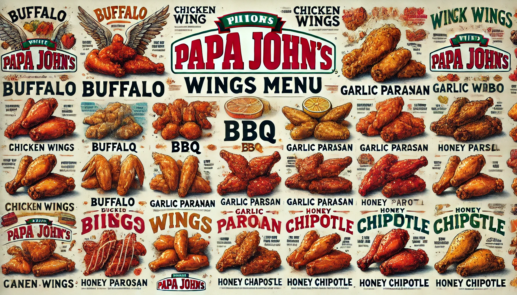 DALL·E 2025 02 19 14.53.02 A detailed Papa Johns wings menu showcasing a variety of chicken wing flavors including buffalo BBQ garlic parmesan and honey chipotle wings. The