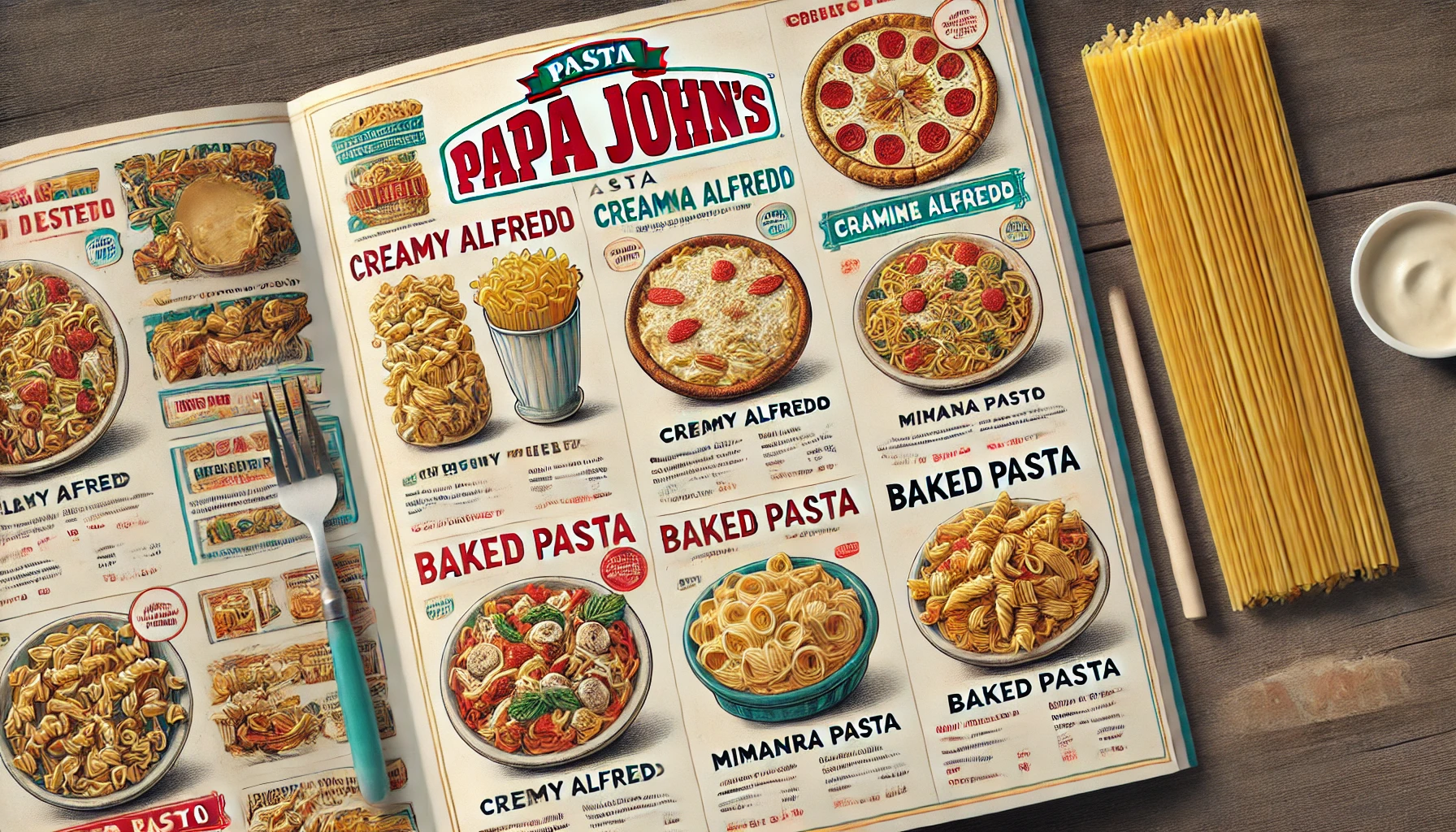 DALL·E 2025 02 19 16.39.42 A detailed Papa Johns pasta menu showcasing a variety of pasta dishes including creamy Alfredo marinara based pastas and baked pasta options. The