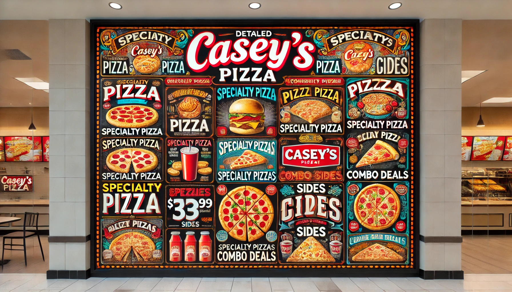 DALL·E 2025 02 19 17.12.25 A detailed Caseys pizza menu display featuring a variety of pizza options specialty pizzas sides and combo deals. The menu is colorful well organ