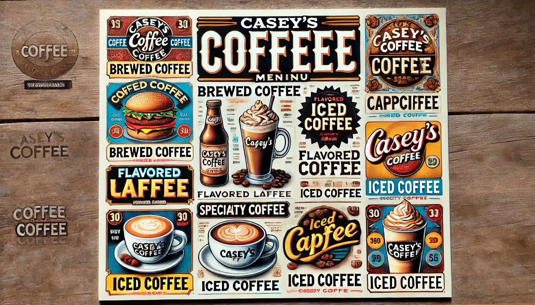 DALL·E 2025 02 20 12.02.17 A detailed Caseys coffee menu showcasing a variety of coffee options including brewed coffee flavored lattes cappuccinos iced coffee and special