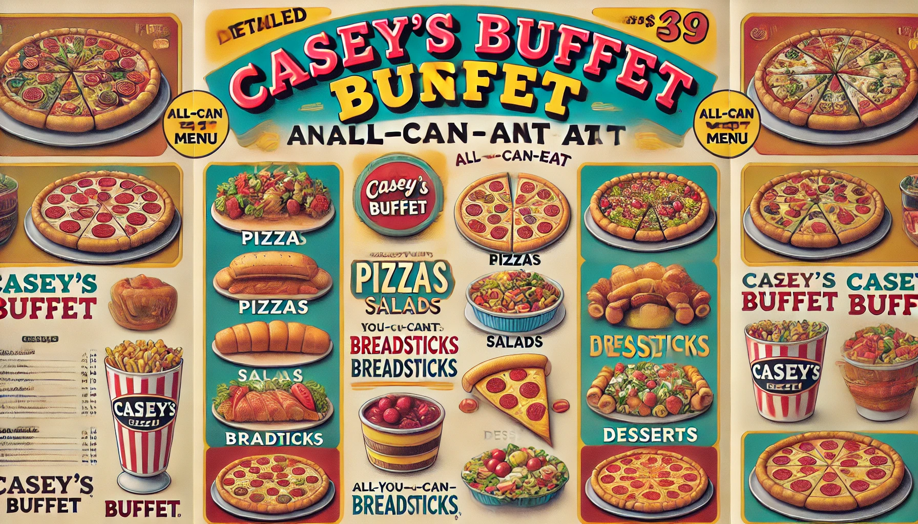 DALL·E 2025 02 20 12.22.50 A detailed Caseys buffet menu showcasing an all you can eat selection of pizzas salads breadsticks and desserts. The menu is colorful well organi