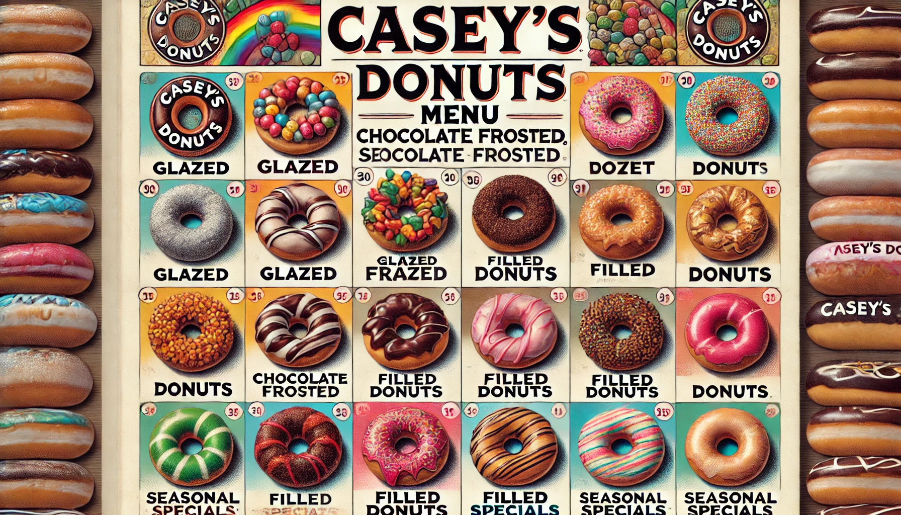 DALL·E 2025 02 20 12.54.23 A detailed Caseys donuts menu showcasing a variety of donut flavors including glazed chocolate frosted filled donuts and seasonal specials. The m