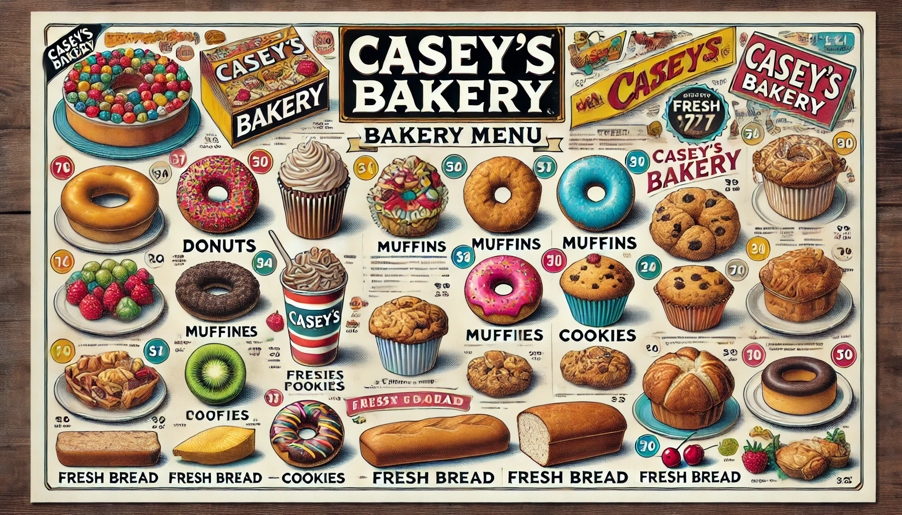 DALL·E 2025 02 20 13.00.09 A detailed Caseys bakery menu showcasing a selection of baked goods including donuts muffins cookies pastries and fresh bread. The menu is color