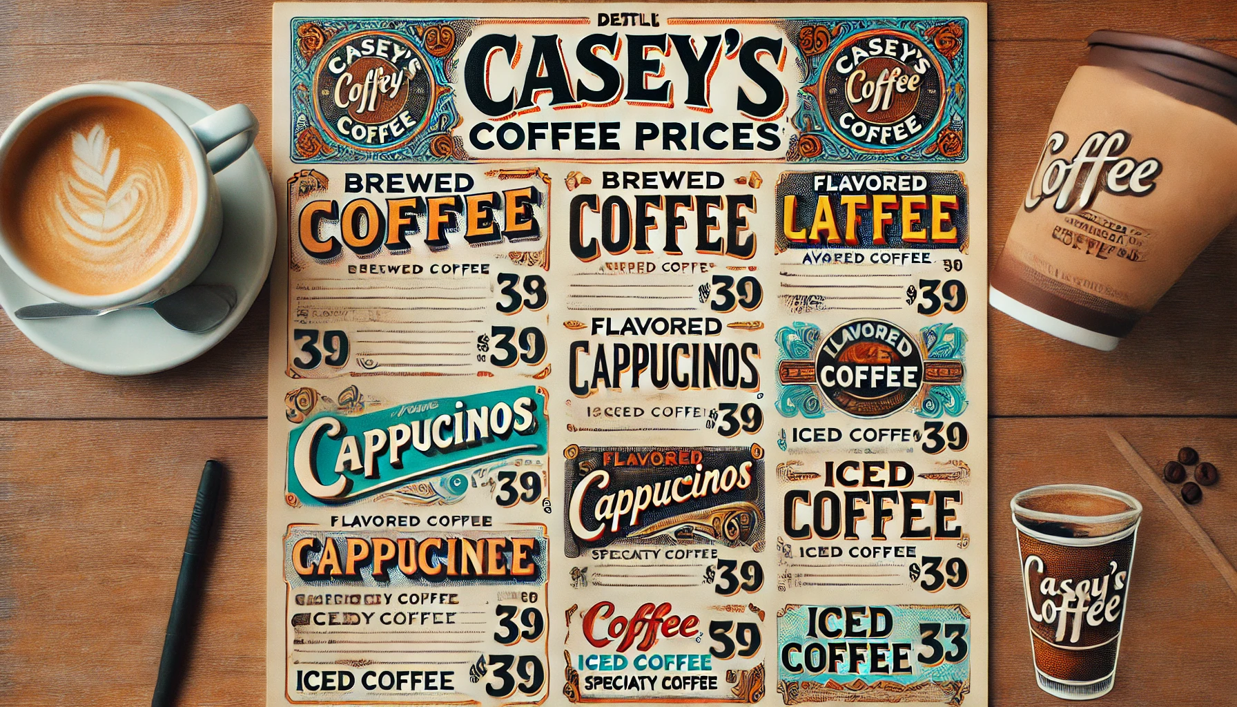 DALL·E 2025 02 20 13.06.15 A detailed Caseys coffee prices menu showcasing a variety of coffee options including brewed coffee flavored lattes cappuccinos iced coffee and