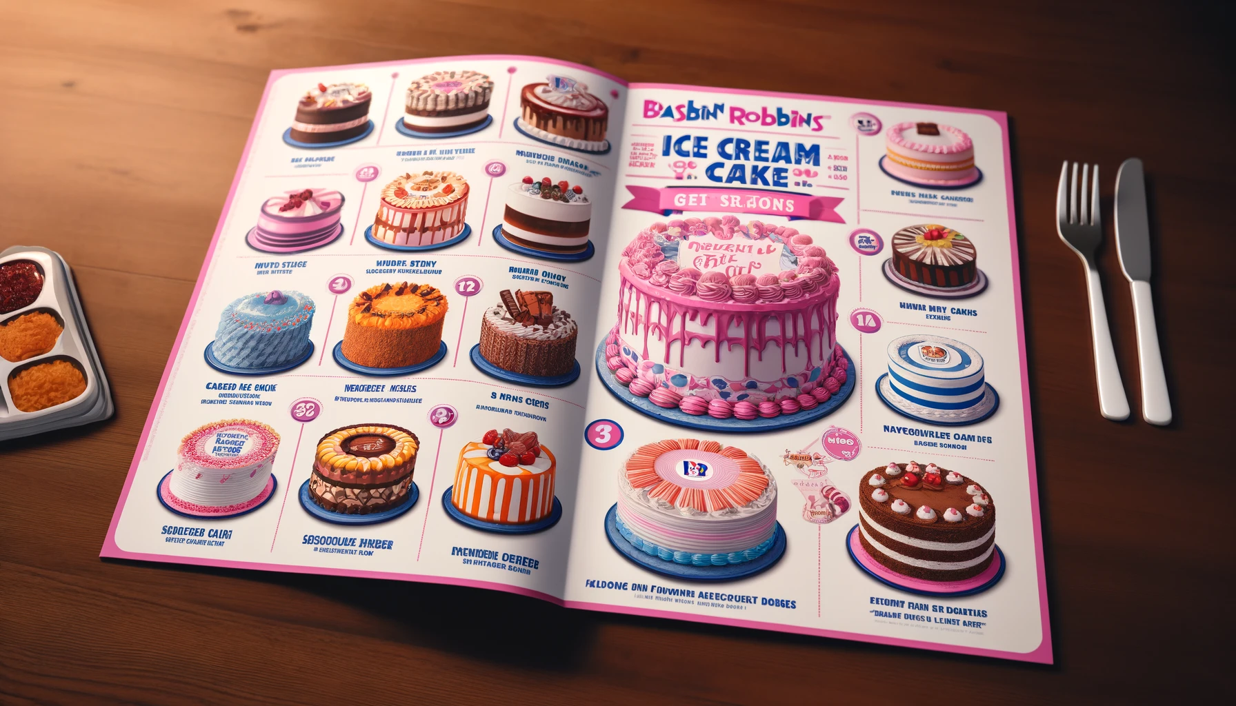 DALL·E 2025 02 20 13.44.54 A detailed Baskin Robbins cake menu showcasing a variety of ice cream cakes including classic designs seasonal specials and custom cake options. Th