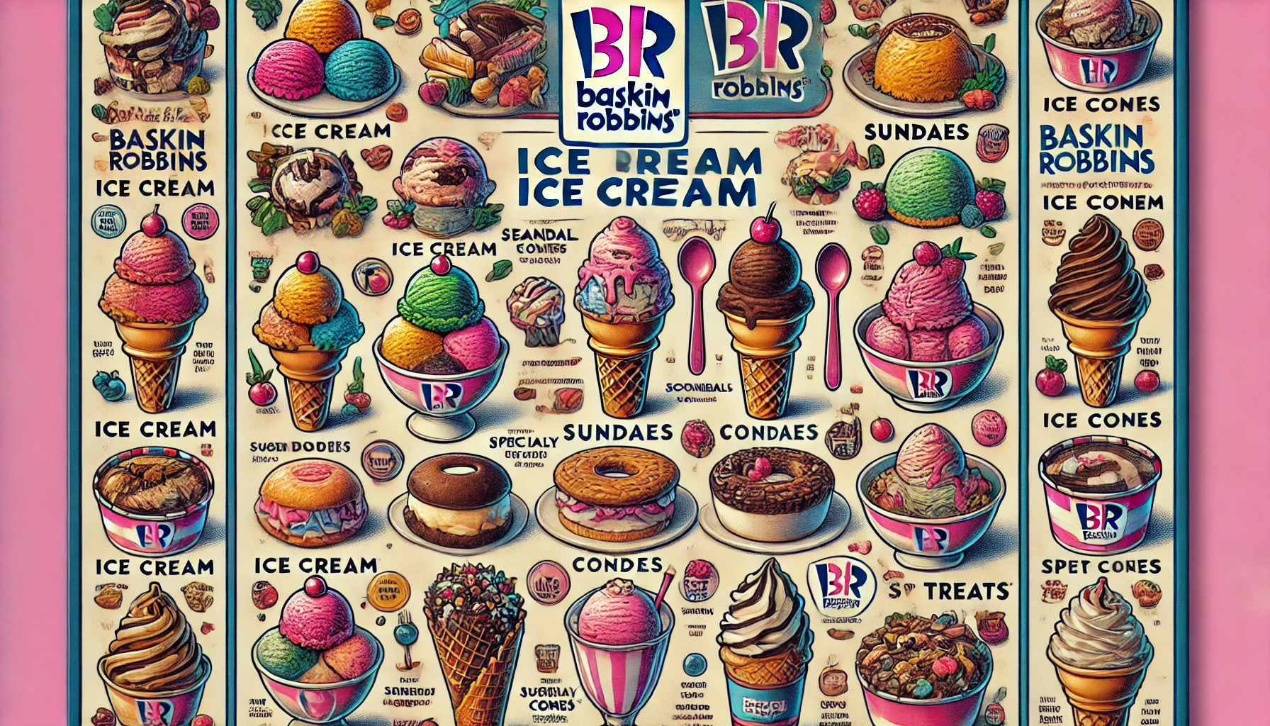 DALL·E 2025 02 20 14.42.46 A detailed Baskin Robbins ice cream menu showcasing a variety of classic and seasonal ice cream flavors including sundaes cones and specialty treat