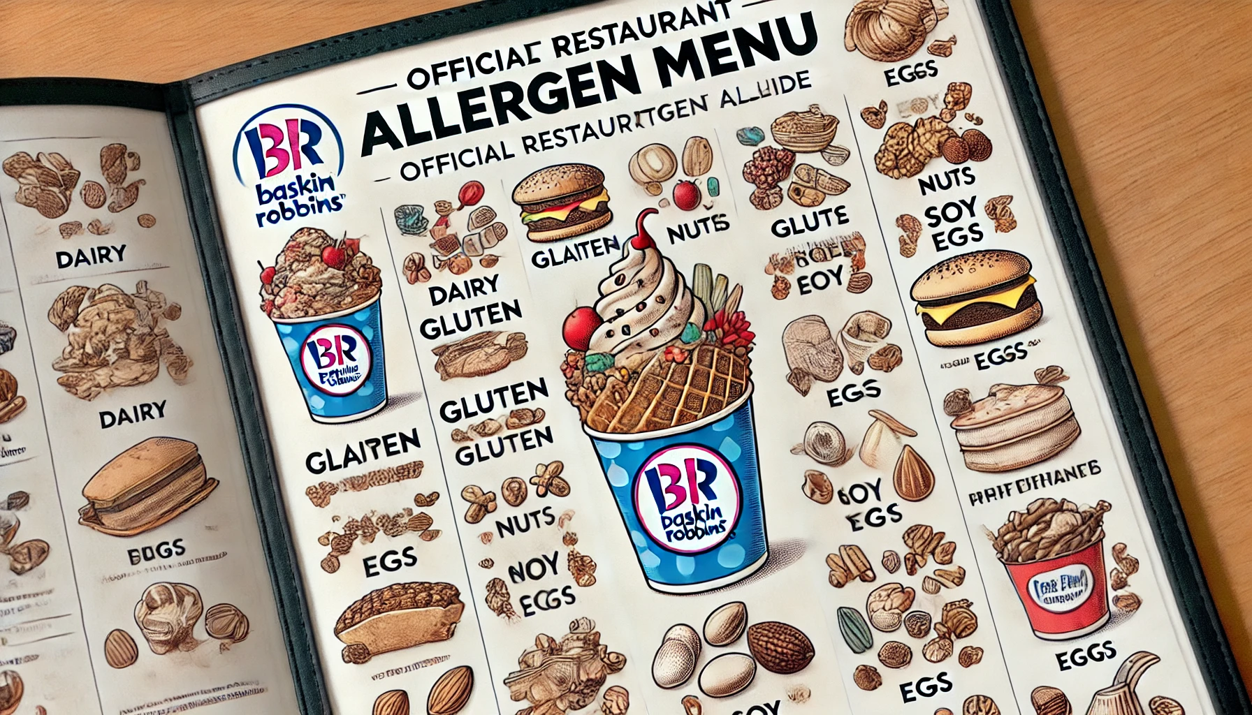 DALL·E 2025 02 20 14.59.01 A detailed Baskin Robbins allergen menu displaying food items categorized by common allergens such as dairy gluten nuts soy and eggs. The menu is