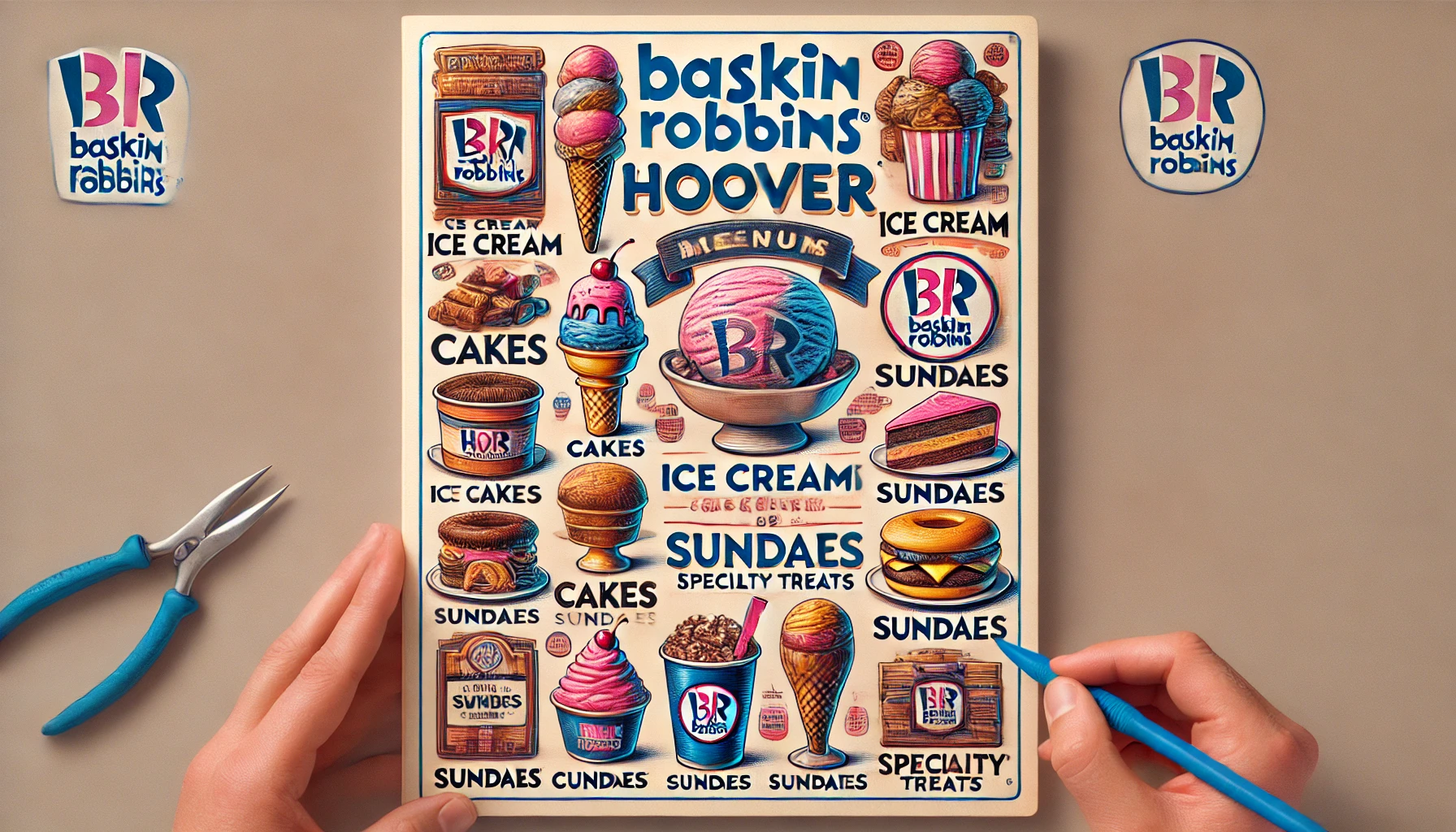 DALL·E 2025 02 20 15.10.43 A detailed Baskin Robbins Hoover menu showcasing a selection of ice creams cakes sundaes and specialty treats available at the Hoover location. The