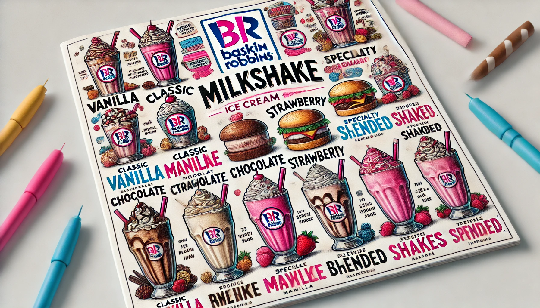 DALL·E 2025 02 20 15.23.10 A detailed Baskin Robbins milkshake menu showcasing a variety of milkshake flavors including classic vanilla chocolate strawberry and specialty bl