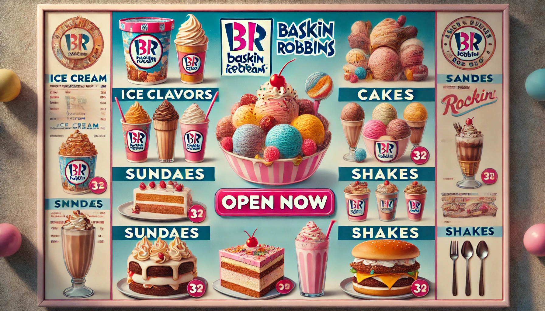 DALL·E 2025 02 20 15.46.50 A detailed Baskin Robbins menu displaying ice cream flavors cakes sundaes shakes and beverages with an Open Now sign to indicate availability. T